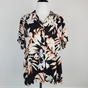 Nani Hawaiian Shirt Tropical Floral Leaf Vacation Resort Boho Black Summer